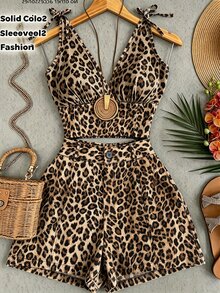SHEIN Franclia Women's Ruched Back Camisole & Shorts Leopard Print Casual Set - Brown - View 1