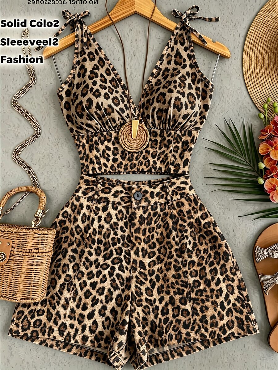 SHEIN Franclia Women's Ruched Back Camisole & Shorts Leopard Print Casual Set - Brown - View 1