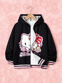 HELLO KITTY AND FRIENDS | SHEIN Jaket Berkerudung dengan Resleting Bergambar Kartun untuk Remaja Perempuan - Hitam - View 3