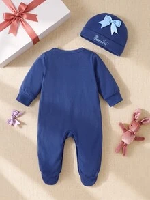 SHEIN 2件組女嬰新生兒連身足衣附帽子，可愛甜美皇家藍公主皇冠緞面蝴蝶結長袖圓領，生日秋季假期婚禮穿搭 - 藍色 - 查看 3