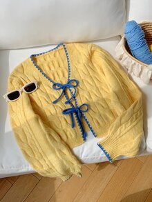 Comfortcana Fall Winter Coquette Style Cardigan For Date Night Featuring Blue Bows And Cable Knit In Yellow Cont - Yellow - View 5