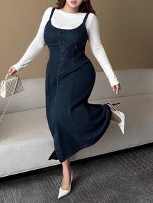 Dazy Plus Washed Vintage Denim Casual Layering Fitted Spaghetti Strap Denim Dress Spring/Autumn New - Dark Wash - View 7