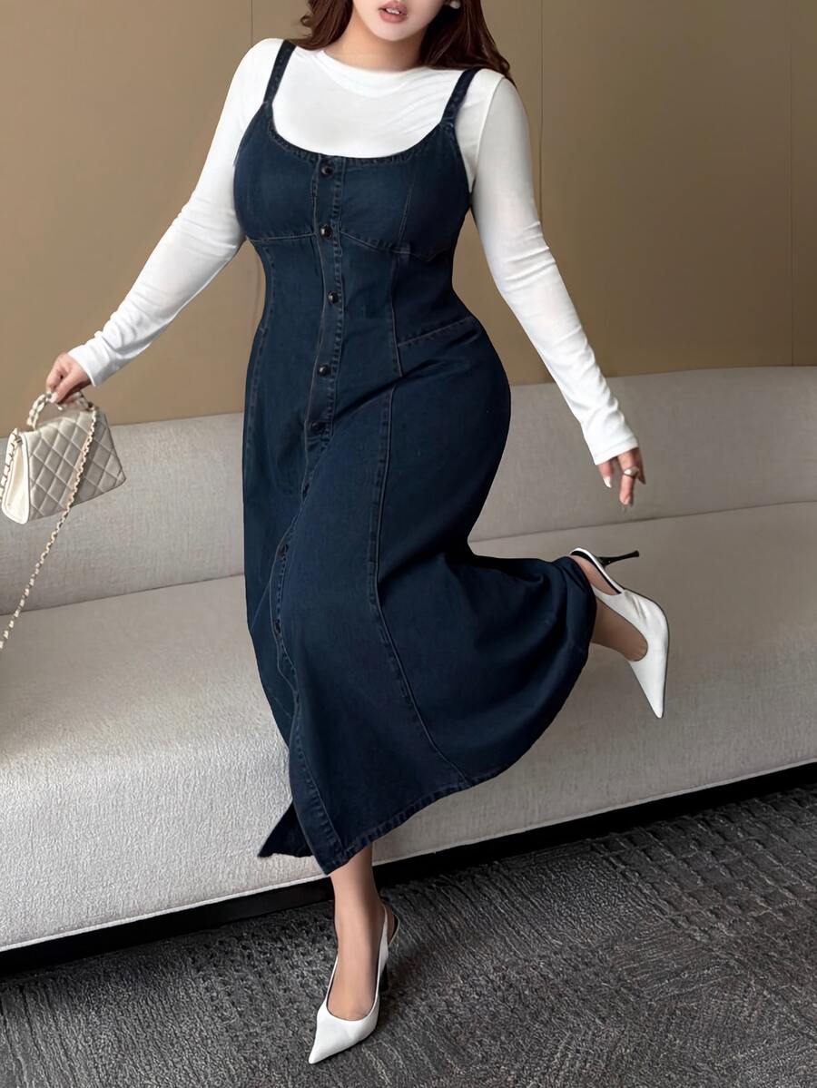 Dazy Plus Washed Vintage Denim Casual Layering Fitted Spaghetti Strap Denim Dress Spring/Autumn New - Dark Wash - View 1