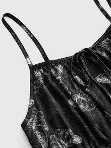 ROMWE Goth Summer Vacation Moon & Plant Vintage All-Over Print Spaghetti Strap Dress - Black - View 3