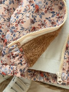 SHEIN Vintaside Kids 1件女嬰幼兒拉鍊夾克，可愛甜美粉色花卉，毛絨內裡，拉鍊長袖連帽厚款戶外冬季度假外套 - 棕色 - 查看 5