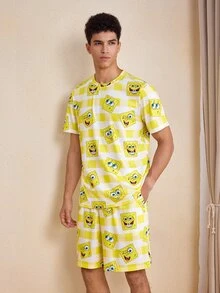 SpongeBob SquarePants | SHEIN Men's Cartoon Print Short Sleeve Top And Shorts Casual Daily Home Wear Set - Yellow - View 3