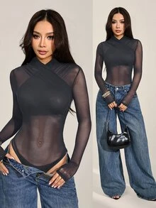 SHEIN PETITE 女款性感純色網紗包覆式連身衣，透視長袖，適合外出、夜生活、夜店，炭灰色，夏季 - 深灰色 - 查看 1