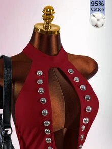 Amplova Women's Street Style Rivet Open Back Sexy Jumpsuit - Burgundy - View 6