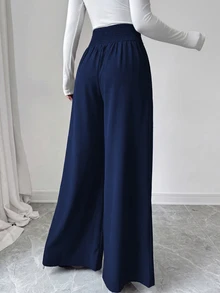 Elenzga Spring Autumn High-Waist Wide Leg Pants For Women With Front Pleats Side Pockets Draped Loose Slimming Double Layer Woven Casual Long Trousers - Navy Blue - View 2