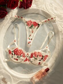 Crystal Vow Women's Gorgeous Embroidered Sexy Bra And Panty Lingerie Set - Red and White - View 5