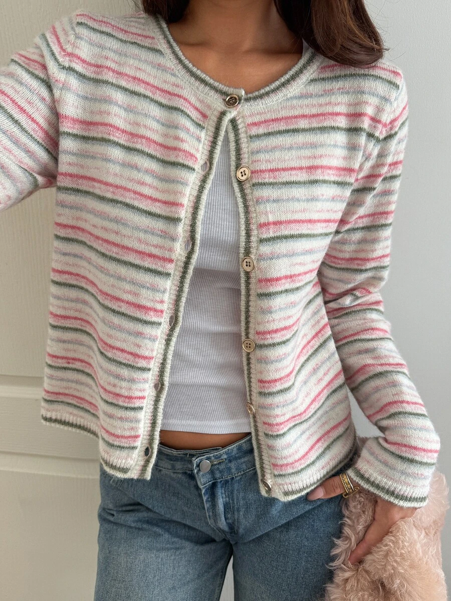 DAZY Women's Colorful Striped Loose Long Sleeve Round Neck Casual Vacation Korean Style Autumn/Winter Knit Cardigan - Pink - View 1