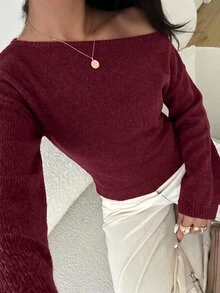 Aloruh 女款休閒秋季新款針織不對稱肩喇叭袖長袖寬鬆收腰花卉毛衣 - 酒紅色 - 查看 5