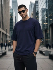 TekDrob Double Anti-Odor Heavy Viscose T-Shirt With Oversize Fit And Crew Neck - Navy Blue - View 6