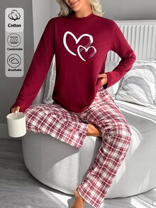 SHEIN طقم بيجاما منزلي من القطن للنساء مكون من قطعتين: بنطال بطبعة خطوط ولباس علوي بطبعة قلوب - عنابي اللون - مشاهدة 6