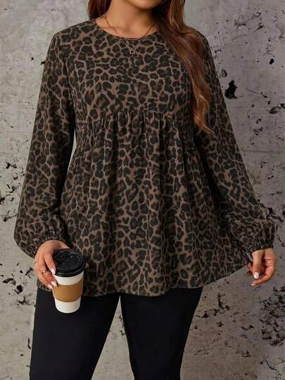 Comfylo Vintage Leopard Print Casual Minimalist Plus Size Loose Long Sleeve Shirt, Suitable For Spring And Autumn
