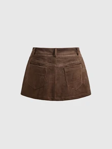 ROMWE Vintage Hippie Embroidered Brown Corduroy A-Line Skirt - Brown - View 2