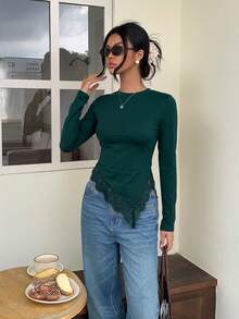 Serisse 女款修身圓領長袖不對稱下擺T恤 - 墨綠色 - 查看 6