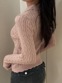 DAZY Solid Color Slim Fit Long Sleeve Turn Collar Cable Knit Casual Vacation Korean Style Versatile Autumn Winter Cardigan For Women - Pink - View 2
