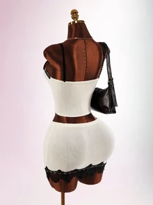 Amplova Autumn/Winter Party Home Daily Date Lace Patchwork Knit Vest Mini Skirt Knit Set - Apricot - View 10