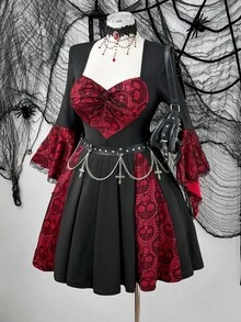 Whyspr Plus Size Black & Red Heart Lace Twist Knot Flare Sleeve A-Line Short Dress, Gothic Contrast Patchwork Waist-Cinched Slimming Dress - Black - View 6
