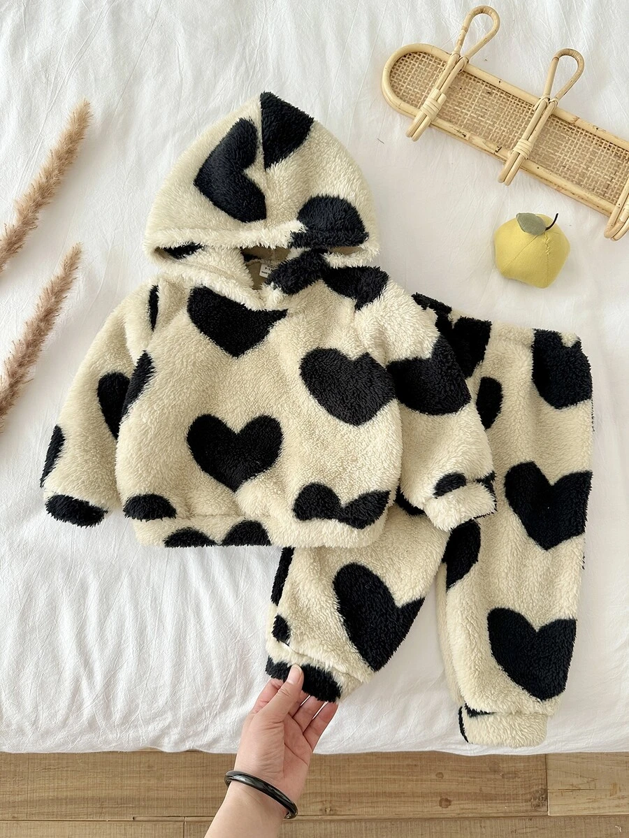 LMoss Kids Baby Girl Knitted Heart Pattern Faux Fur Hooded Long Pants Casual Sweatshirt Set 2 Pieces - Black and White - View 1