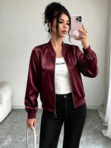 SHEIN LUNE Apricot Satin Baseball Jacket, Solid Color Without Print, Ribbed Baseball Round Neck, Long Sleeve With Ribbed Cuffs, Ribbed Elastic Hem Waistband, Light Luxury Casual Style, Minimalist Commute Style, Suitable For Daily Commuting, Leisure Shopping, Short Trips, Inner Layering And Outer Wear - Burgundy - View 5