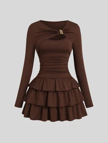 SHEIN Sweetro Spring Autumn Winter French Elegant Round Neck Asymmetric Twist Metal Decor Slimming Pleated Cocktail Cake Dress For Women - Coffee - View 3