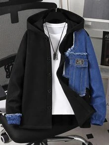 SHEIN Boys Basic Casual Corduroy Hooded Fleece Jacket - Black - View 1