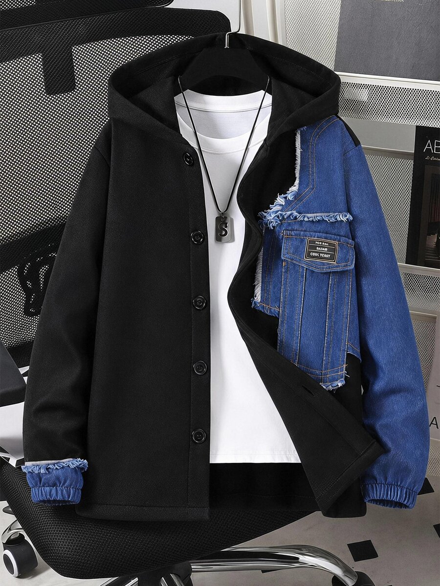 SHEIN Boys Basic Casual Corduroy Hooded Fleece Jacket - Black - View 1