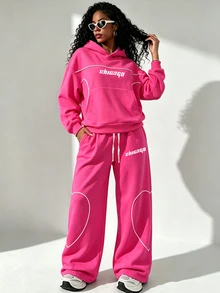 SHEIN Core Rhythm Women's Letter Pattern Hooded Long Sleeve Sweatshirt & Sweatpants Casual Daily Sports Set - Rose Red - View 3