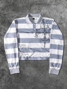 ROMWE MEN Street Life Spring Casual Pattern Men's Half-Zip Long Sleeve Angel Stripe Fashion Print Pullover Sweatshirt, Y2K - Grey - View 6