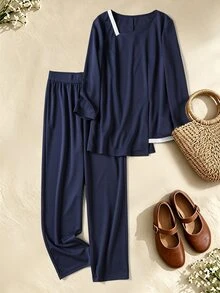 Rusticease Women's Colorblock Long Sleeve Top And Pants Casual Granny Daily Two Pieces Set Formal Vacation Blue Fall Home - Navy Blue - View 1