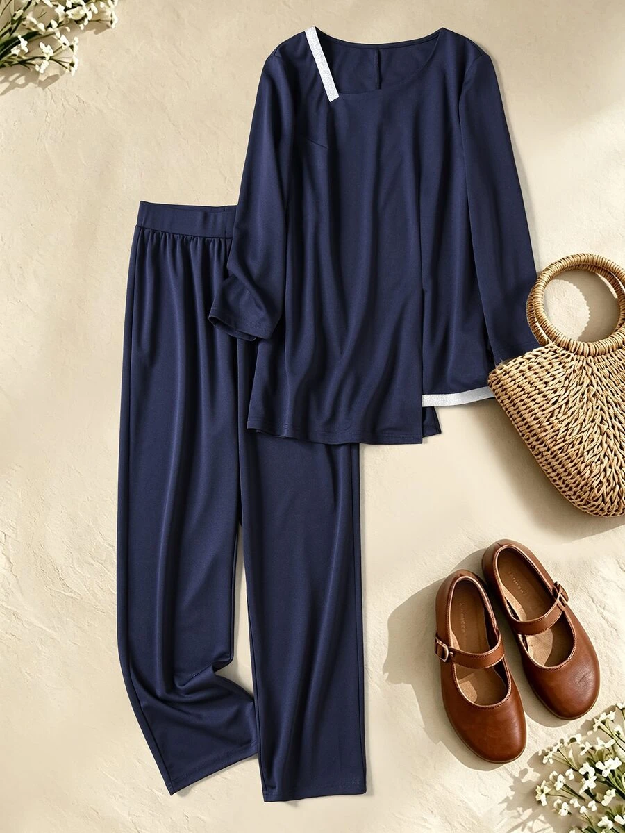 Rusticease Women's Colorblock Long Sleeve Top And Pants Casual Granny Daily Two Pieces Set Formal Vacation Blue Fall Home - Navy Blue - View 1