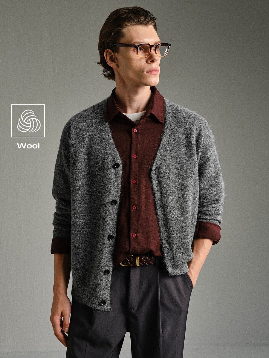 Calmiston 男士馬海毛感長袖針織開襟衫 老錢風 灰色 秋冬款 舒適適合日常外出與活動 - 灰色 - 查看 1