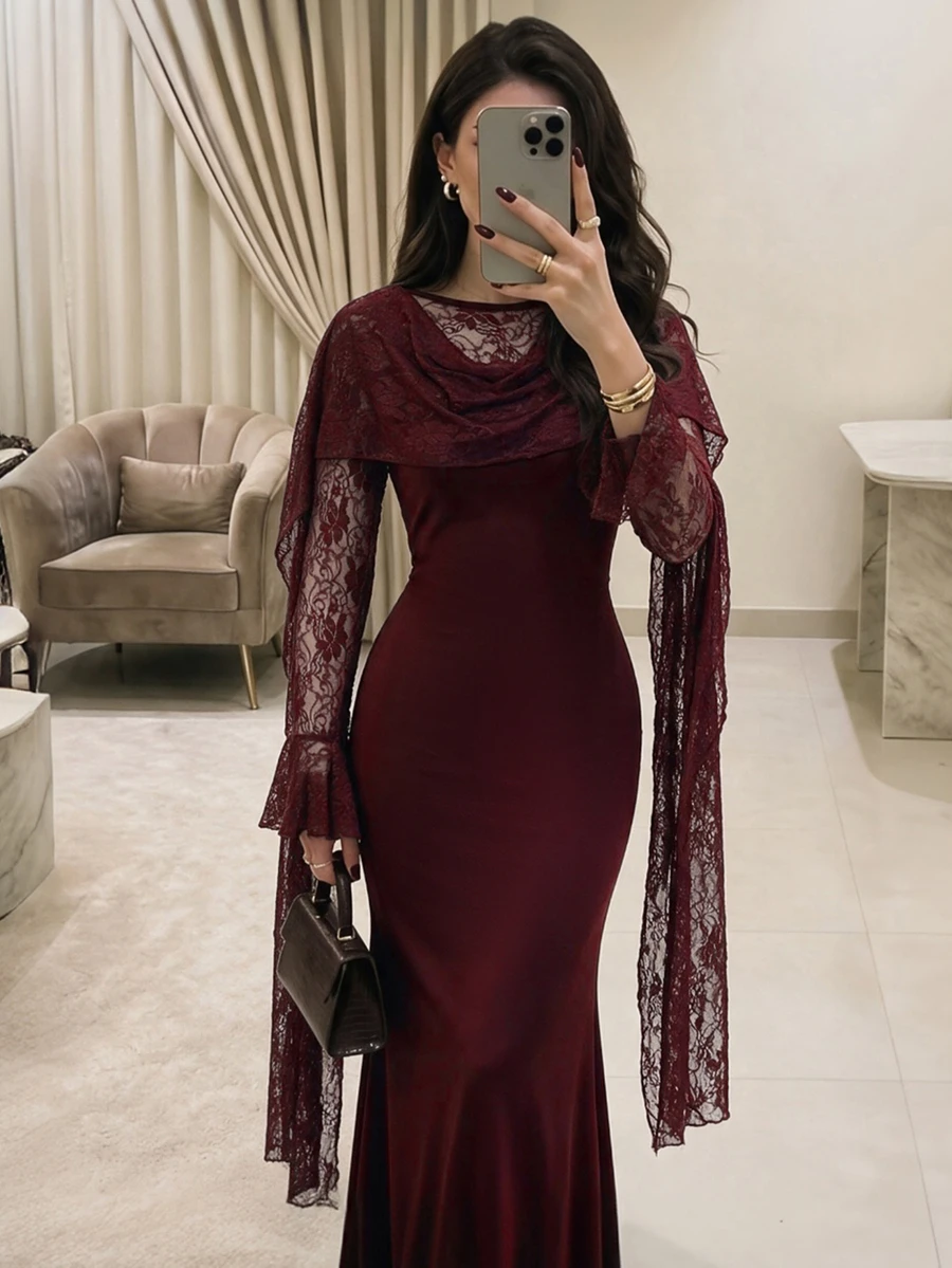 Modelyn 女款優雅復古拼接精緻蕾絲修身長袖洋裝,帶有懷舊氛圍 - 酒紅色 - 查看 1