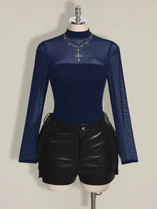 SHEIN ICON Plus Size Mesh Patchwork Y2K Sexy Bodysuit - Navy Blue - View 7