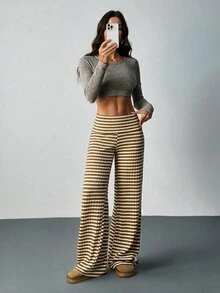 SHEIN Tall 女款摺腰運動休閒條紋喇叭褲 - 彩色 - 查看 5
