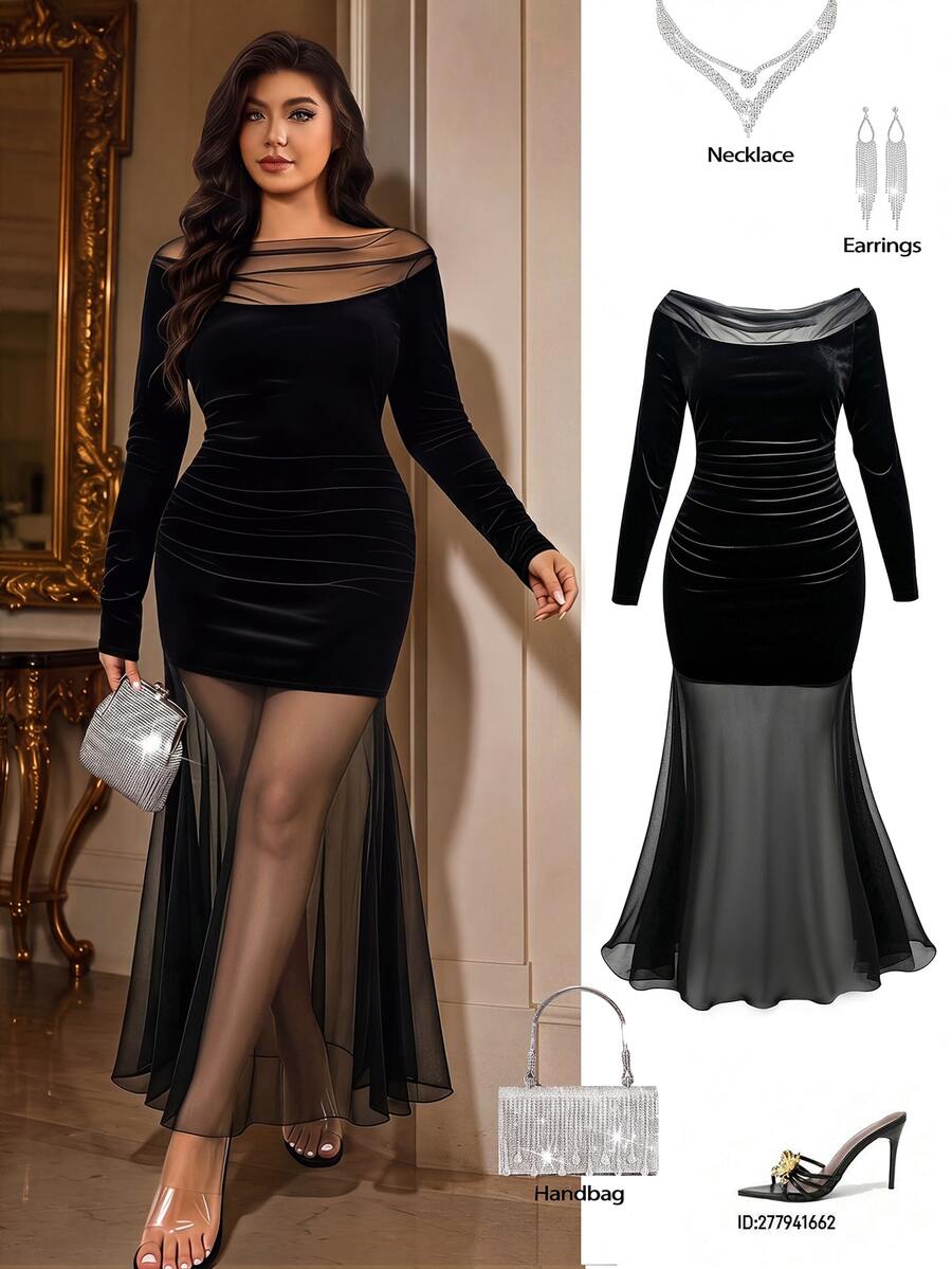 Femmeverse Plus Size Women Mesh Patchwork Elegant Waist-Cinching Party Dress - Black - View 1