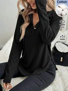 Easowa Pure Black Solid Color Cotton Button Front Long Sleeve T-Shirt Women's Top, - Black - View 1
