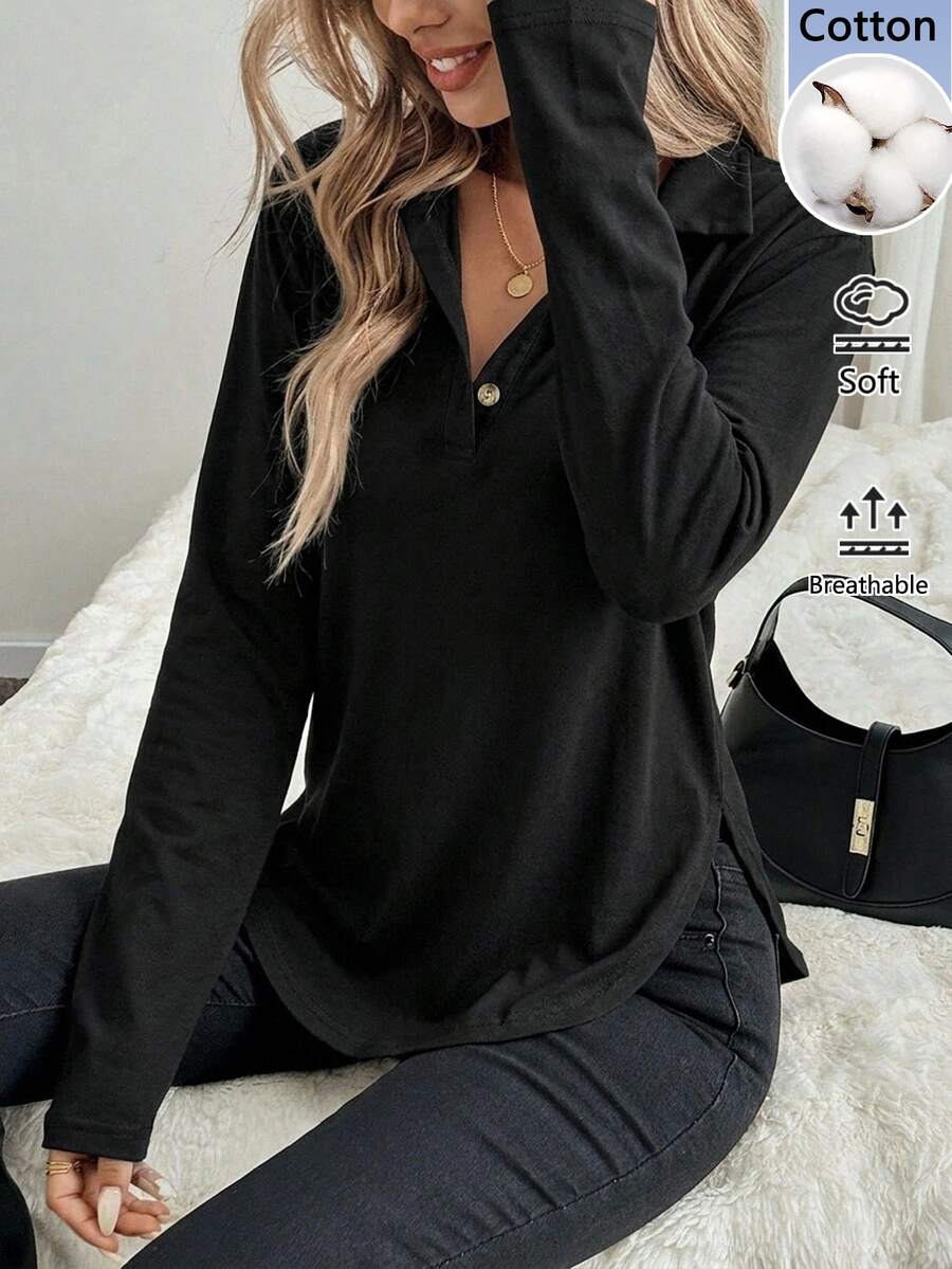 Easowa Pure Black Solid Color Cotton Button Front Long Sleeve T-Shirt Women's Top, - Black - View 1