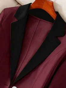 Franclia 女款夏季對比色翻領休閒通勤 3/4 袖輕量西裝外套 - 酒紅色 - 查看 5