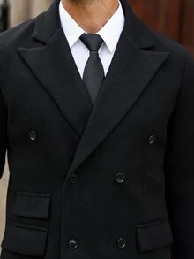 Manfinity Homme 男士純色雙排扣前襟長袖外套，附口袋，秋季穿著，冬季穿搭 - 黑色 - 查看 3