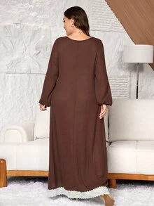Lacomfia Plus Size Women Loose Casual A-Line Square Neck Short Sleeve Textured Knit Contrast Lace Contrast Color Bowknot Autumn Long Dress - Brown - View 2