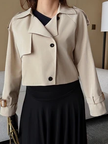 Dazy Plus Lapel Long Sleeve Solid Color Korean Style Trench Coat Jacket - Khaki - View 4