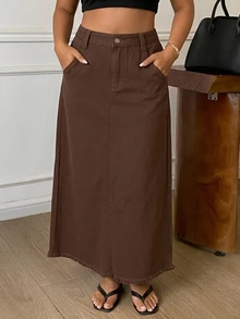 Dazy Plus Autumn/Winter High Waist Straight Long Solid Brown Minimalist Casual Denim Skirt - Brown - View 3