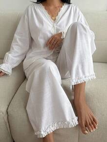 Dazy Plus 2pcs Lace Patchwork Casual Minimalist Long Pants Home Wear Spring Autumn Pajama Set - White - View 1