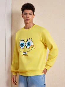 SpongeBob SquarePants | SHEIN Men's Cartoon Pattern Print Crew Neck Pullover Sweatshirt - Yellow - View 3