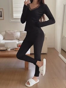 DAZY Women's Mesh Patchwork Long Sleeve Top & Pants Casual Daily Home Sleepwear Set - Black - View 7