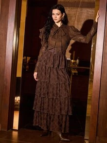 MOTF PREMIUM Gaun Panjang Kasual Pesta Wanita dengan Leher Ikat Renda - Coffee Brown - View 7