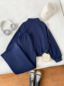 SHEIN 女童 2 件組海軍藍高領運動衫套裝，棉混紡面料，觸感柔軟，半拉鍊上衣，穿脫方便，適合學校、外出、購物、旅行等多種場合 - 藏蓝色 - 查看 3